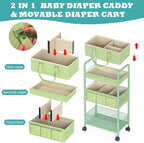 2in1 Baby Diaper Caddy Organizer Cart, 3-Tier Rolling Cart, Metal Diaper Caddy Carts, Bedside Carts for Nursery Essentials St
