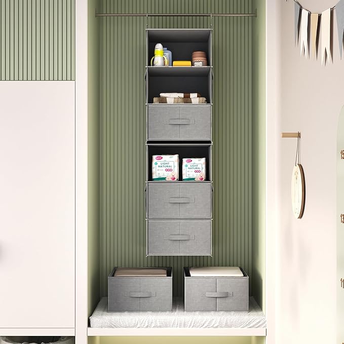 Vailando 6-Tier Hanging Shelves for Closet, Two 3-Shelf Hanging Closet Organizer w/ 4 Side Pockets and 3 Drawers, Combinable 