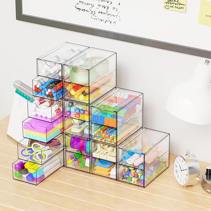 Yieach 9 Pack Small Acrylic Drawers With 18 Drawers,Clear Drawer Organizers Stackable,School,Office Supplies Organizer And St