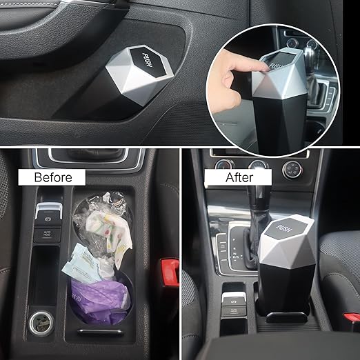 Car Trash Can Bin,Small Garbage Can with Lid,Automotive Cup Holder Mini Cars Trashcan,Portable Door Trash Cans,Car Essentials Gadgets Dustbin (2Pcs, Silver)