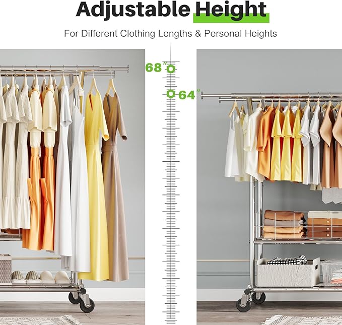 HOKEEPER Heavy Duty Clothes Rack Load 635 LBS, Clothing Rack for Hanging Clothes Adjustable Rolling Garment Rack with Wheels 