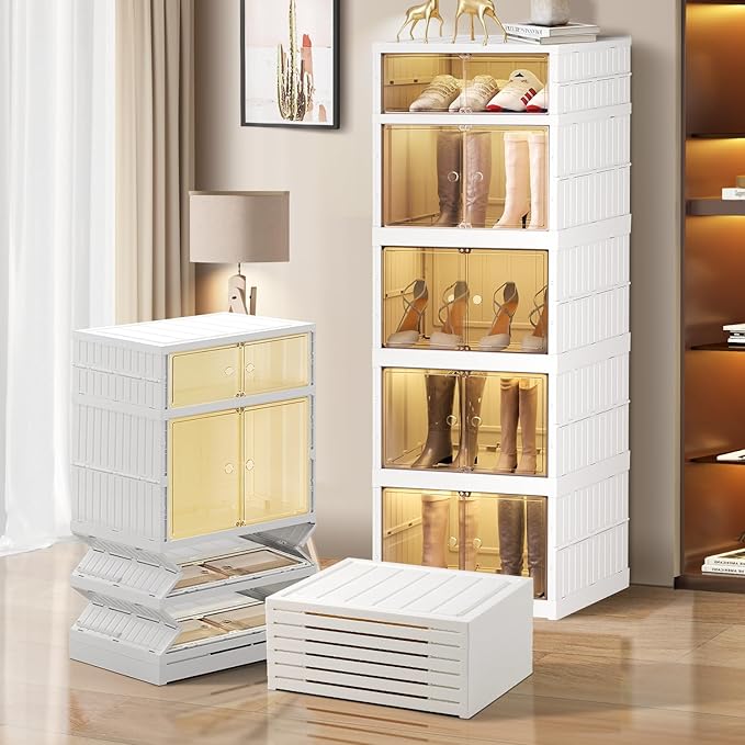CIMLORD 5-Tier Foldable Shoe Rack Organizer for Closet 10Pairs Plastic Collapsible Shoes Storage Box Clear Shoe Boxes Stackab