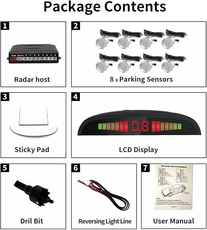 Car Reverse Parking Radar System with 8 Parking Sensors Distance Detection + LED Distance Display + Sound Warning (Silver Color)
