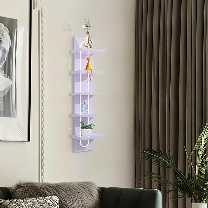 5 Tier Wall Shelf Unit with Light-Small Floating Shelves for Home Decor, Modern Unique Asymmetric Design for Bedroom & Living