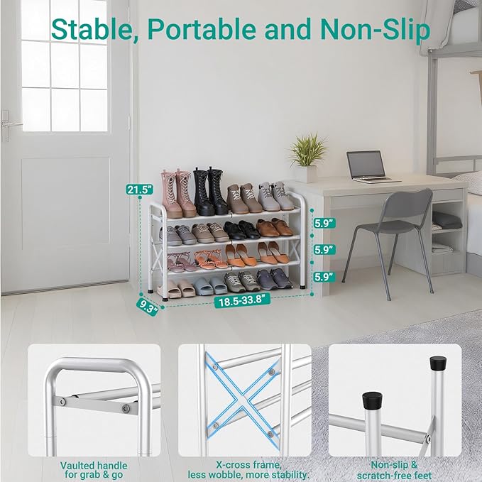 YEASHEIN 3-Tier Expandable Shoe Rack for Closet Floor, X-Frame Metal Small Shoe Rack for Entryway, Adjustable Shoe Shelf Orga