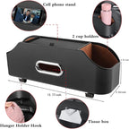 Car Seat Back Organizer - Stylish & Functional Storage for Family Adventures - Cup Holders, Tissue Box & Hooks - Perfect for Kids, Road Trips & Travel (Black)