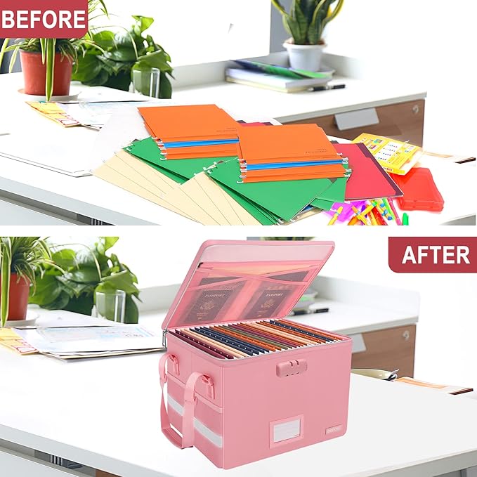 ENGPOW File Box with Lock, Fireproof Document Box with Zipper＆Pockets, Collapsible File Organizer Filing Storage Cabinet with