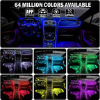Car Led Lights Interior, Smart APP Control RGB Ambient Lighting Car, 64 Color 28 Modes Voice Activated LED Fiber Optic Strip, 12V USB Powered Car Led Strip Lights