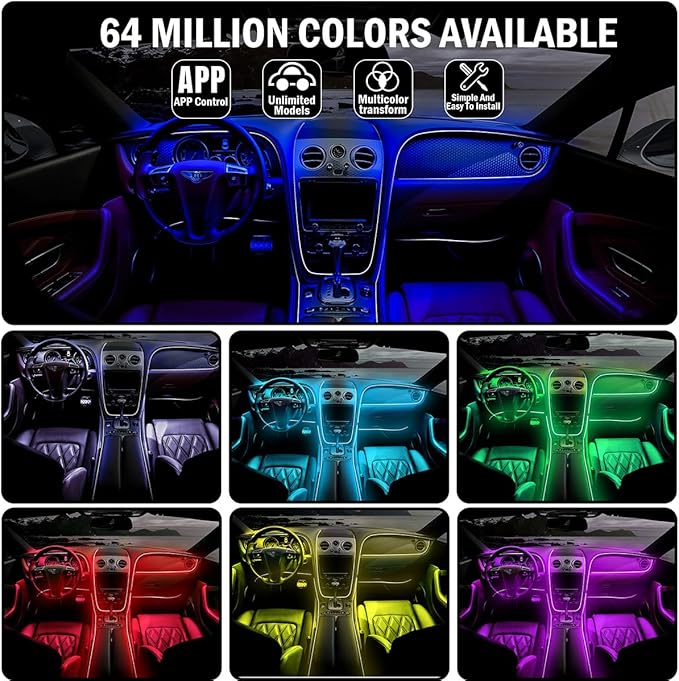 Car Led Lights Interior, Smart APP Control RGB Ambient Lighting Car, 64 Color 28 Modes Voice Activated LED Fiber Optic Strip, 12V USB Powered Car Led Strip Lights