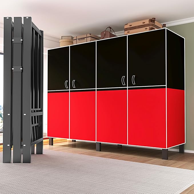 Heavy Duty Clothes Rack with Cover, Portable Wardrobe Closet with Magnetic Door & Black Steel Frame, Foldable Freestanding Ga