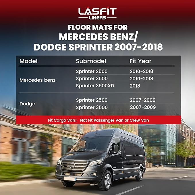 LASFIT Floor Mats for Mercedes Benz & Dodge Sprinter 2500/3500 2007-2018 (Fit for Cargo Van), All Weather TPE Floor Lienrs Custom Fit Sprinter 2007-2018 Car Mats, 1st Row & Center Aisle Liner