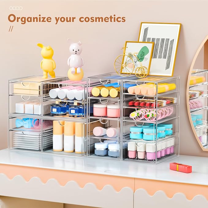 ARSTPEOE Makeup Acrylic Organizer with 17 Drawers(4 Sets), Desk Organizers and Accessories, Clear Makeup Organizer, Dustproof