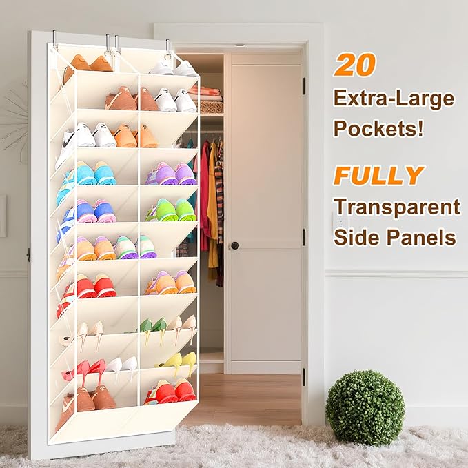UVIAHOMI 20-30 Pairs Over the Door Shoe Organizer, Clear Pockets Hanging Shoe Storage for Closet, 10-Tier Door Shoes Rack, Ha