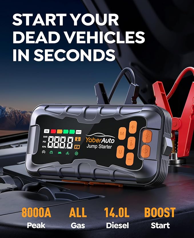 YaberAuto 16-in-1 Jump Starter with Air Compressor 8000A 160PSI Car Battery Jump Starter (All Gas/14L Diesel) 12V Jump Box
