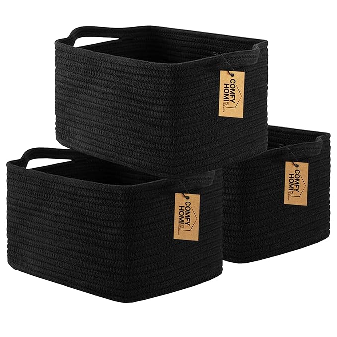 COMFY-HOMI 3PACK Cotton Rope Woven Basket With Handles for Shelves, Toy, Book, Cloth Storage Basket for Organizing|13.5" x 11