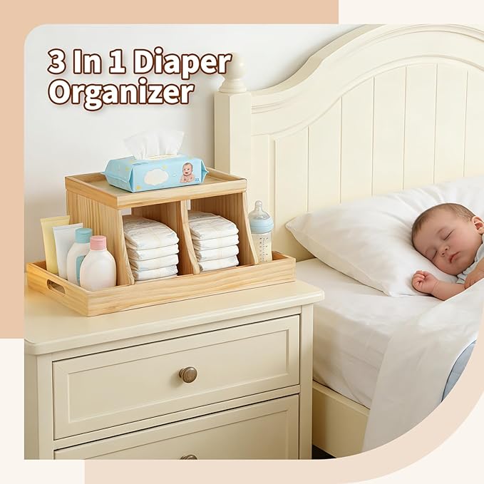 Three colors Diaper Organizer, Wooden Diaper Caddy Organizer, Changing Table Organizer, Diaper Storage Organizer, Nursery Bab