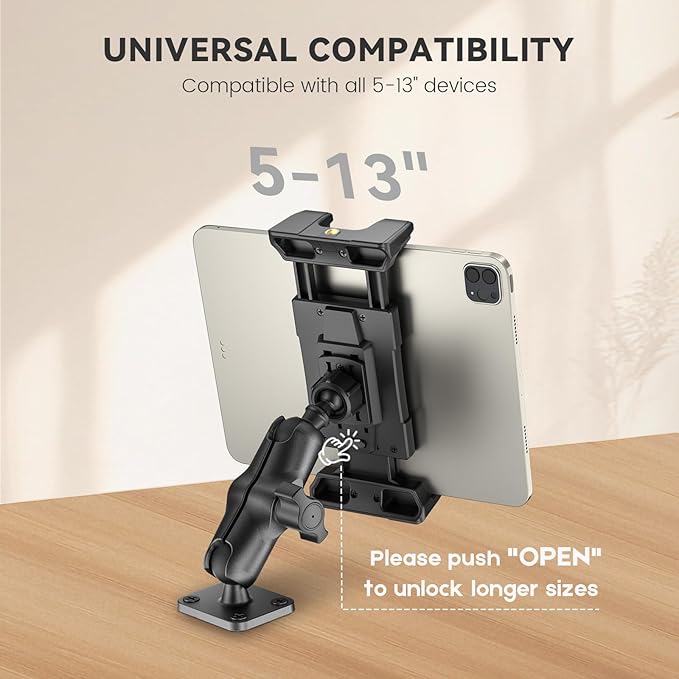 OHLPRO 4" Aluminum Arm Tablet Mount for Truck - Heavy Duty Drill Base Car Tablet Holder Compatible with iPad Samsung Tab 5"-13" Tablets and Phones, for Dashboard/Wall/Business/Desktop, etc.