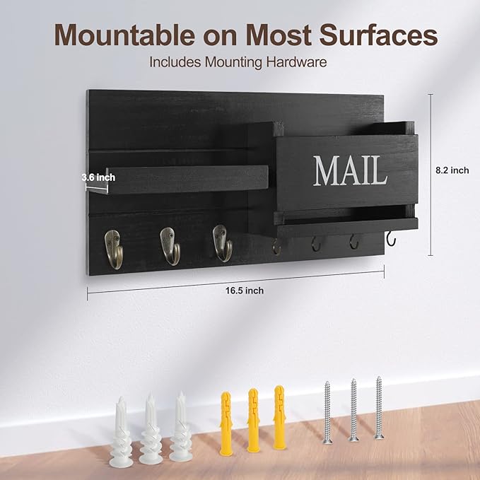 Lwenki Mail Organizer for Wall Mount – Key Holder with Shelf Includes Letter Holder and Hooks for Hallway Farmhouse Decor – R