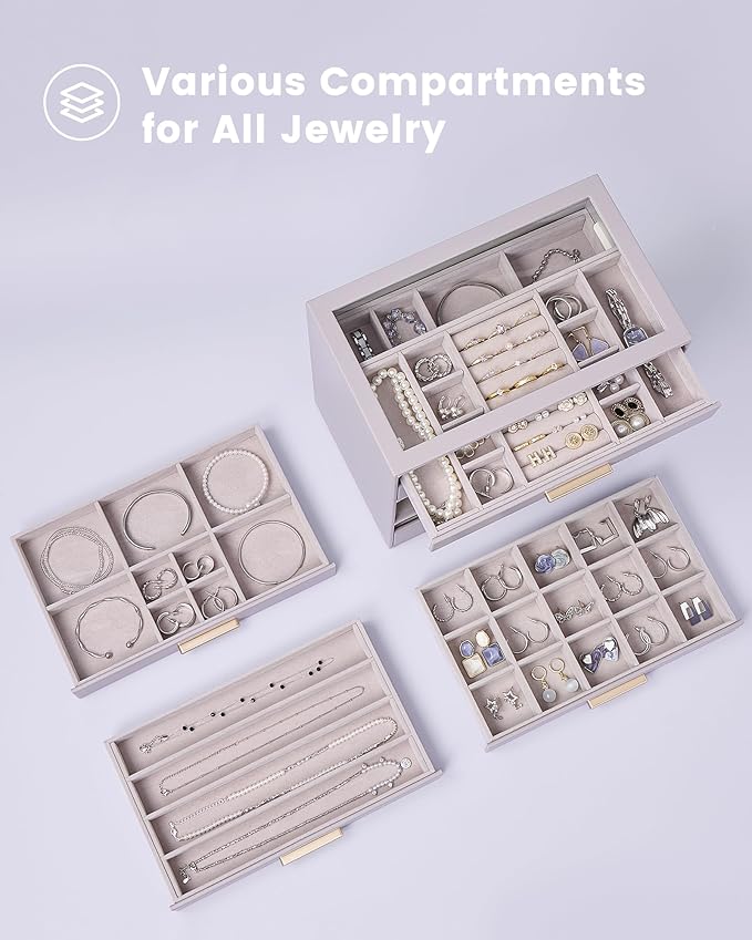 Lolalet Jewelry Box Organizer, 6-Layer Jewelry Organizers and Storage Case with Glass Lid, Ring Earring Bracelet Necklace Hol
