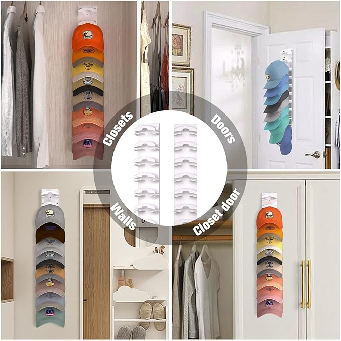 2 Pack Hat Organizer for Baseball Caps, Hat Rack for Wall with Strong Adhesive, Hold Up to 20 Hats, Hat Rack for Door Closet,
