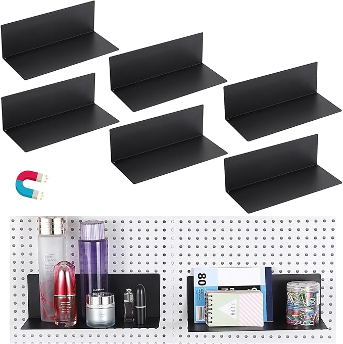 Kokone 6 Pack Magnetic Pegboard Shelves for Storing or Displaying, 10x4.3 Inch Flat Display Shelves for Pegboard, Wall Pegboa