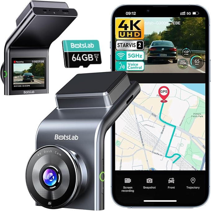 BOTSLAB 4K Dash Cam Front, STARVIS 2 Sensor, Voice Control, 64GB Card Included, 5GHz WiFi, Built in GPS, WDR Night Vision, 17