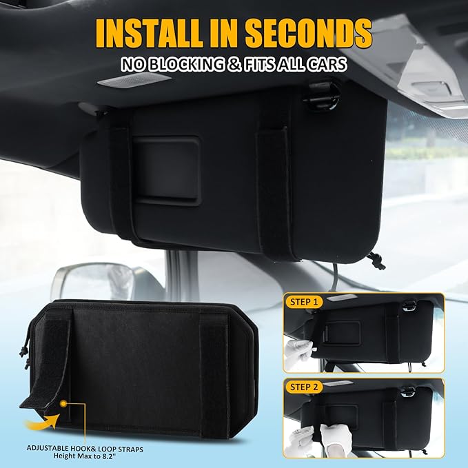 Falafa Car Sun Visor Organizer, Semi-Rigid Molle Panel for Tactical Gears with Zipper Visor Storage Pouch & Glasses Clip, Universal Fit for Trucks, SUVs, Jeeps & Patrol Vehicles