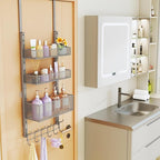 Consumest Over The Door Hooks Organizer - 4 Tier Door Coat Rack with 3 Baskets and 12 Hooks, Stainless Steel Towel Hanger for