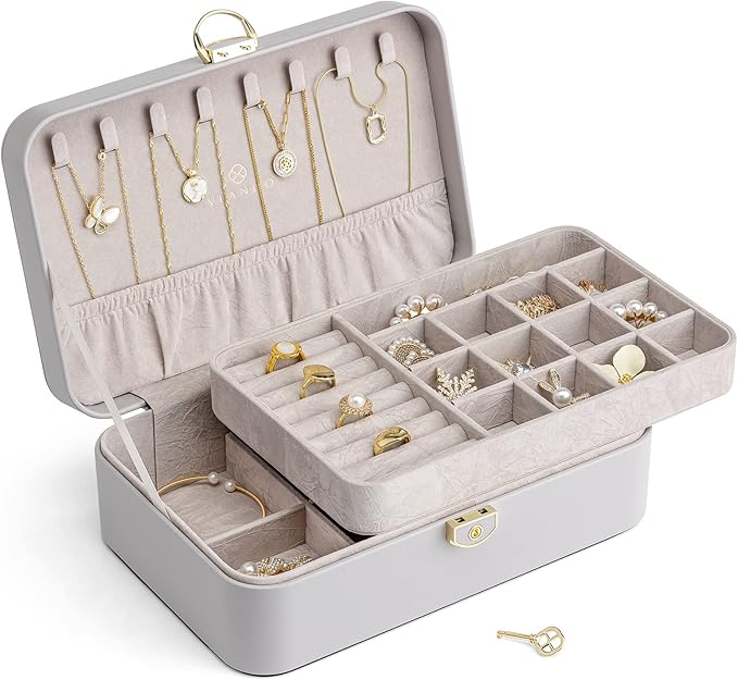 Vlando Jewelry Boxes for Women,2 Layers Jewelry Box with Lock,Birthday Gifts for Women Girls,Jewelry Organizers for Earrings 