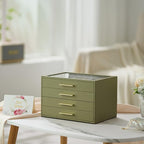 Jewelry Box Organizer Case for Women: 4-Layer Jewelry Storage Case with Glass Window, Olive Green Leather with Cream Velvet, 