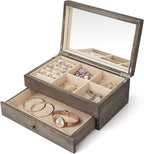 Meangood Jewelry Box Organizer for Women, 2 Layer Large Jewelry Storage Case, Rustic Wooden Jewelry Box with Mirror & Ring Tr