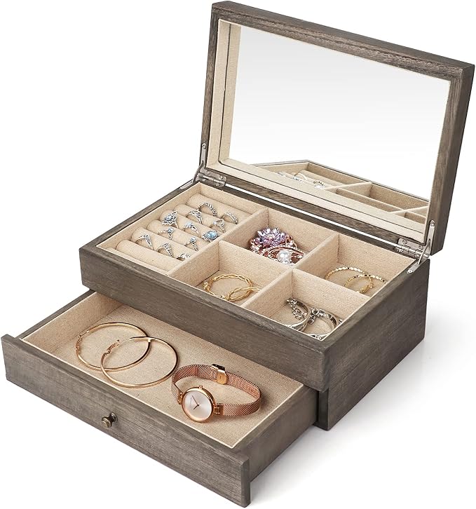 Meangood Jewelry Box Organizer for Women, 2 Layer Large Jewelry Storage Case, Rustic Wooden Jewelry Box with Mirror & Ring Tr