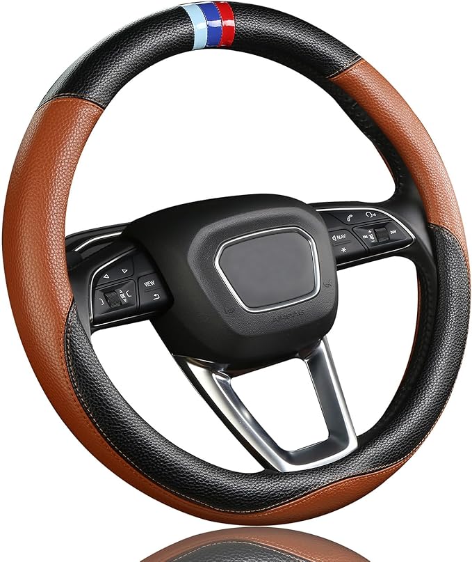 Steering Wheel Cover for BMW Leather Car Steering Wheel Covers Universal for Car SUV Truck with Anti-Slip Lining 14.5-15inch 