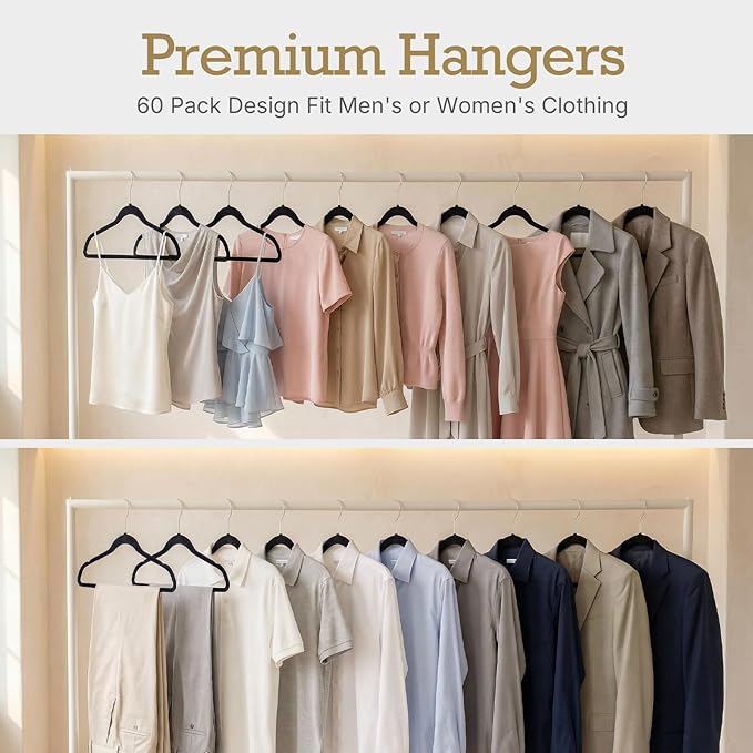 HOUSE DAY Black Velvet Hangers 60 Pack, Non Slip Clothes Felt Hanger Heavy Duty for Coat, Premium Slim Space Saving Suit Hang