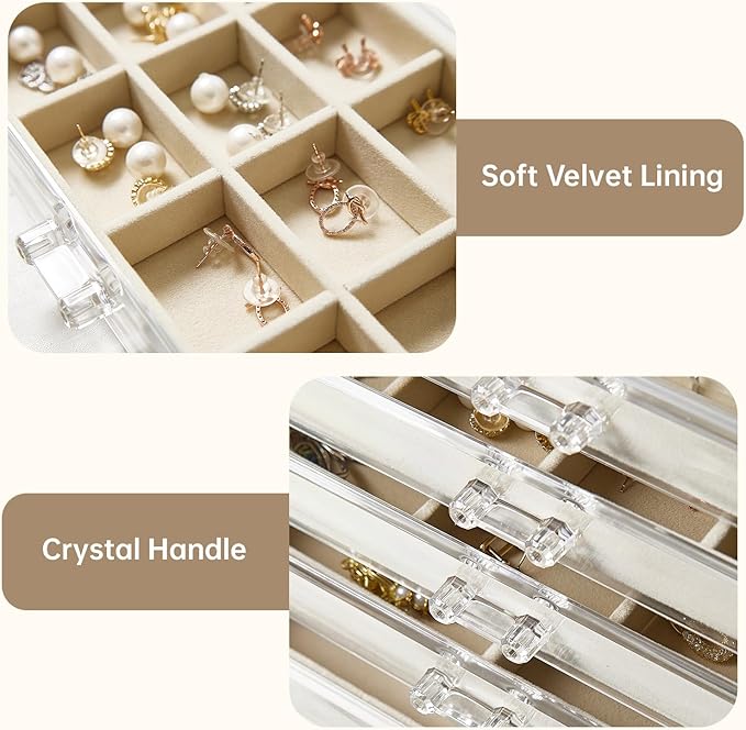 Acrylic Jewelry Box with 5 Drawers, Clear Earring Holder Organizer Rings Display Case with Adjustable Velvet Trays for Women 