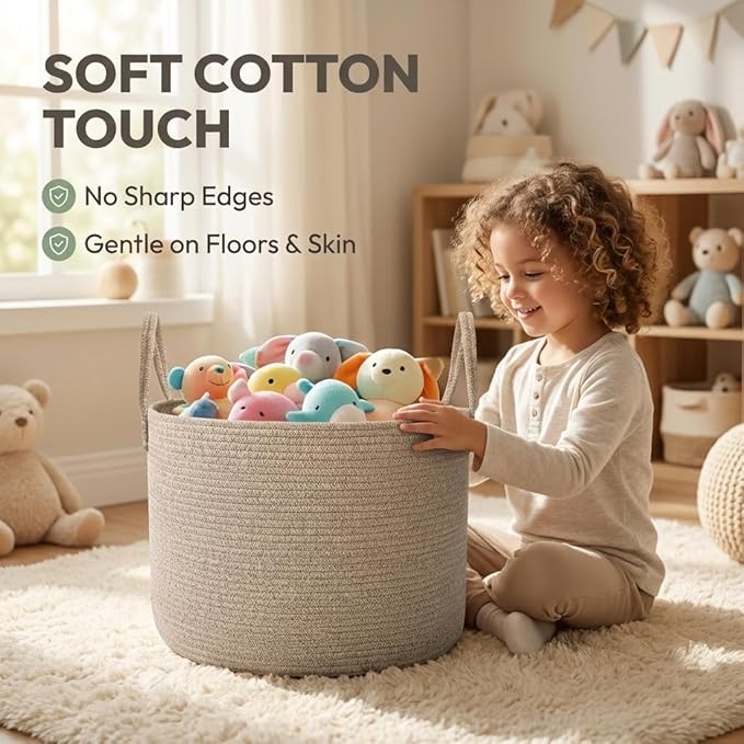 JMvicyroam 65L Extra Large Blanket Basket for Living Room - Woven Cotton Rope Laundry Hamper with Reinforced Handles - Storag