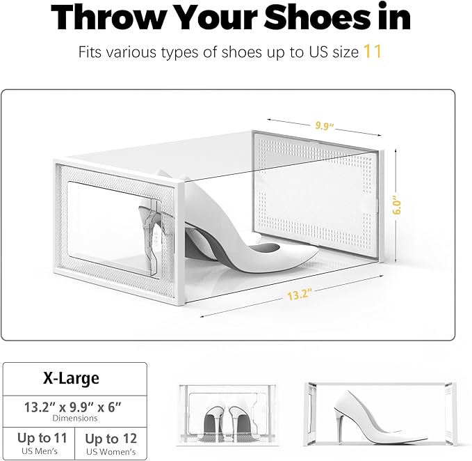 SEE SPRING X-Large Shoe Storage Box Fit Size 11, Clear Plastic Stackable Shoe Organizer for Closet, Space Saving Foldable Sho