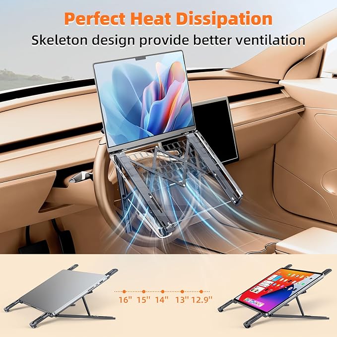 Foldable Car Laptop Holder, Adjustable Car Laptop Mount for Steering Wheel Tray Holder, Metal Notebook stand| Car Reading Stand | Car Tablet Holder, Multipurpose Travel Car Accessories-Gray