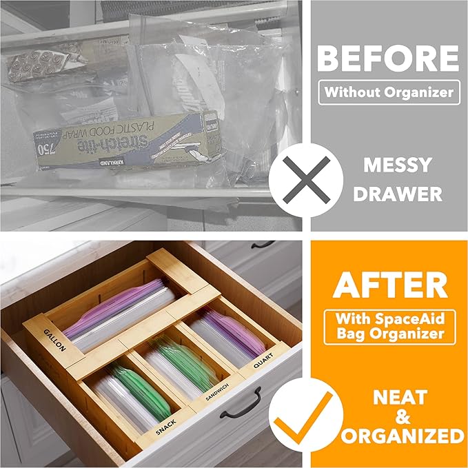 SpaceAid Bag Storage Organizer for Kitchen Drawer, Bamboo Organizer, (4 Pack) SpaceAid Bamboo Drawer Dividers with Inserts an