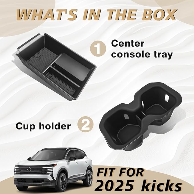 Muslogy Center Console Organizer & Cup Holder Insert 2PCS Set Compatible with 2025 2026 Nissan Kicks Accessories Armrest Box Divider Storage Tray and Drink Stopper Non-Slip (Console Tray & CupHolder)