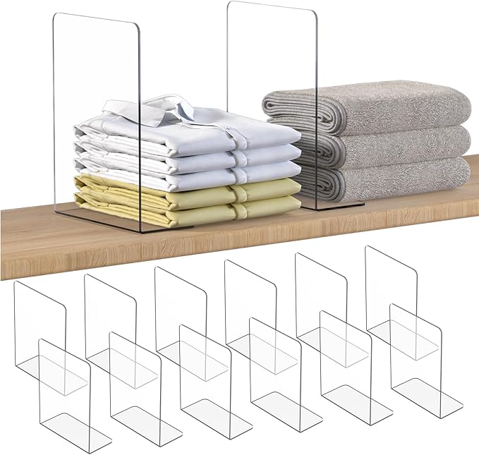 OKPOW Shelf Dividers Closet Organizer - 12" Tall X 9" Deep Acrylic Clear Sturdy Separate for Clothes Purse - Adjustable Space