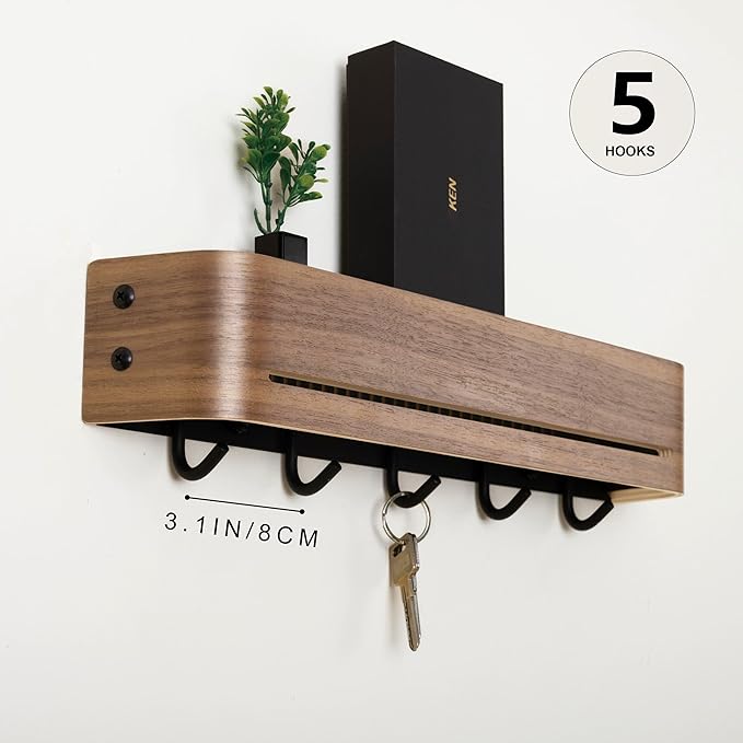 GEMAPOCO® Key Holder Wall Mount with 5 Retractable Hooks, 17-inch Finland-Designed Key Hanger with Shelf, Modern Coat Rack Wa