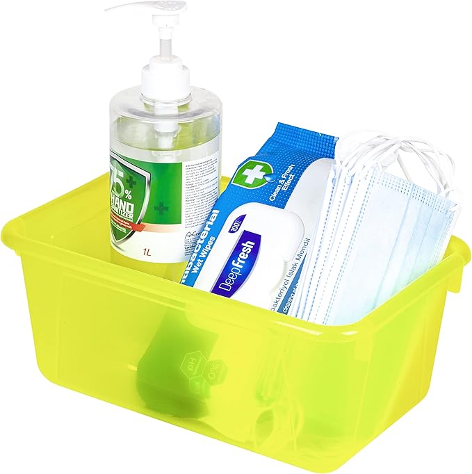 Storex Small Cubby Bins – Plastic Storage Containers for Classroom with Non-Snap Lid, 12.2 x 7.8 x 5.1 inches, Tint Yellow, 5