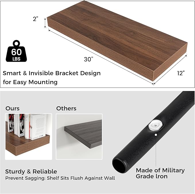 Floating Shelves for Wall, 30" W x 12" D x 2" H, 2 Pack of Long Wall Mounted Engineered Wood Shelves with Invisible Brackets 