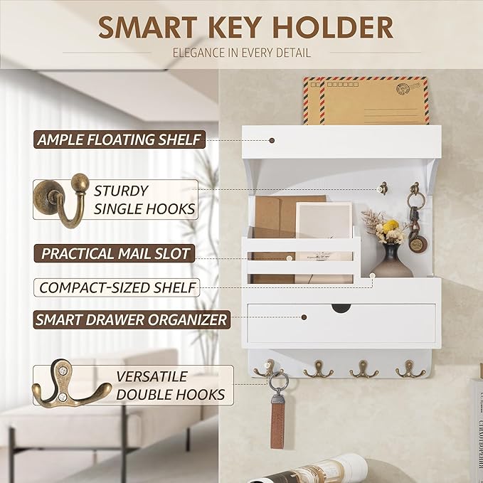 Rebee Vision Key Holder Wall Mount with Drawer Organizer – Pine Wooden Mail and Key Organizer with 6 Sturdy Hooks and Wall Sh