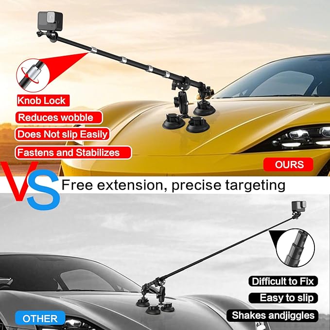 Suction Car Mount 360 Camera for car for Insta360 car Mount x5/X4/X3/X2/GO 3/ONE/GoPro Max-47 Lockable Anti-Fall Selfie Stick