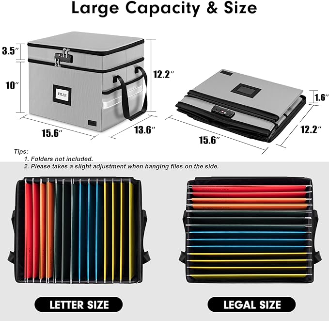 Fireproof Document Box with Lock, 2-Layer File Box Storage Organizer with 5 Tabs& Insert, Portable File Cabinet Storage Box w