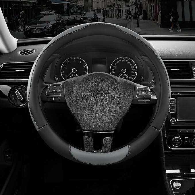 Road Comforts Steering Wheel Cover, Breathable Anti-Slip Leather Steering Wheel Cover, Universal Fit 14.5–15 Inch, Comfortabl