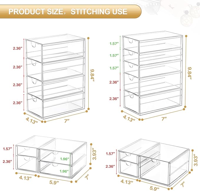 Makeup Organizer Storage with 16 Drawers, 4 Pcs Desktop Office Supplies, Desk Organizers, Clear Accessories, Dustproof Storag