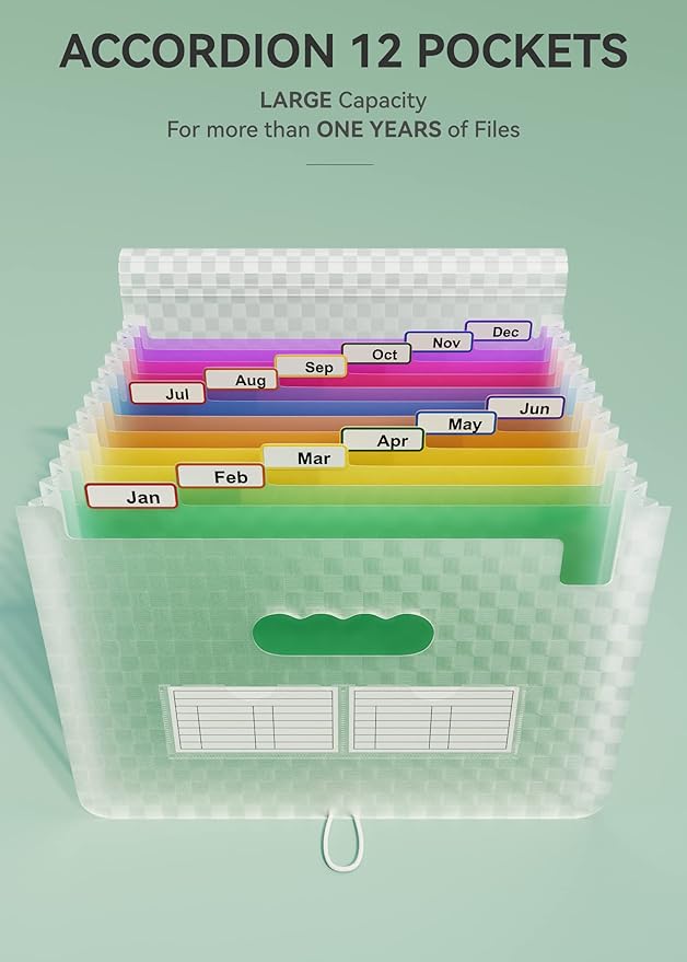 ABC life 12 Pockets Accordion File Organizer Expanding File Folders, Portable Monthly Bill Receipt Document Organiser, Expand